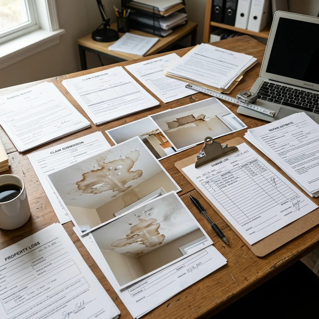 Documents d'assurance et photos de dégâts sur un bureau pour une déclaration de sinistre dégât des eaux