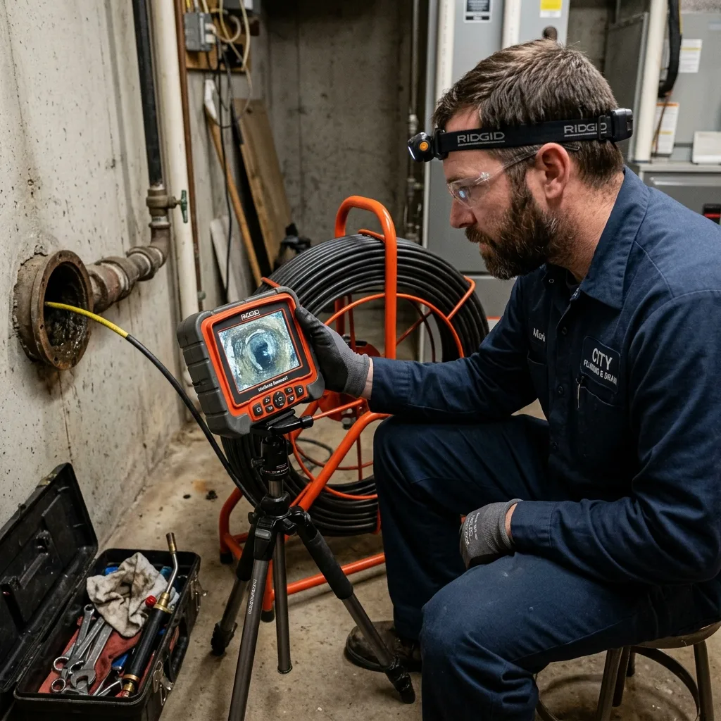 Plombier visualisant l'intérieur d'une canalisation sur un écran grâce à une caméra d'inspection endoscopique