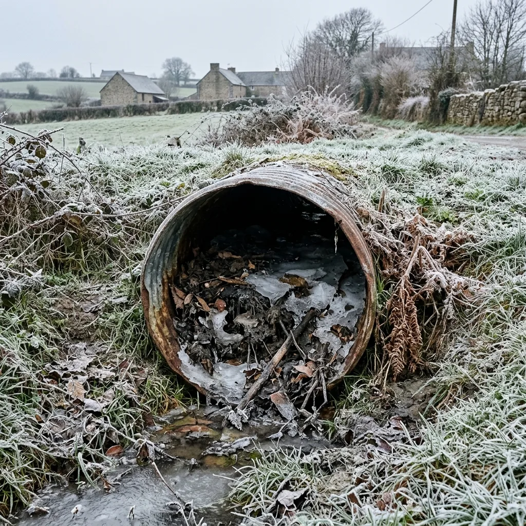 Canalisation d'évacuation bouchée par le gel en hiver en Bretagne — risque d'engorgement