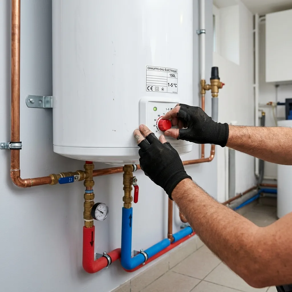 Chauffe-eau électrique en panne avec un plombier effectuant un diagnostic à Lorient