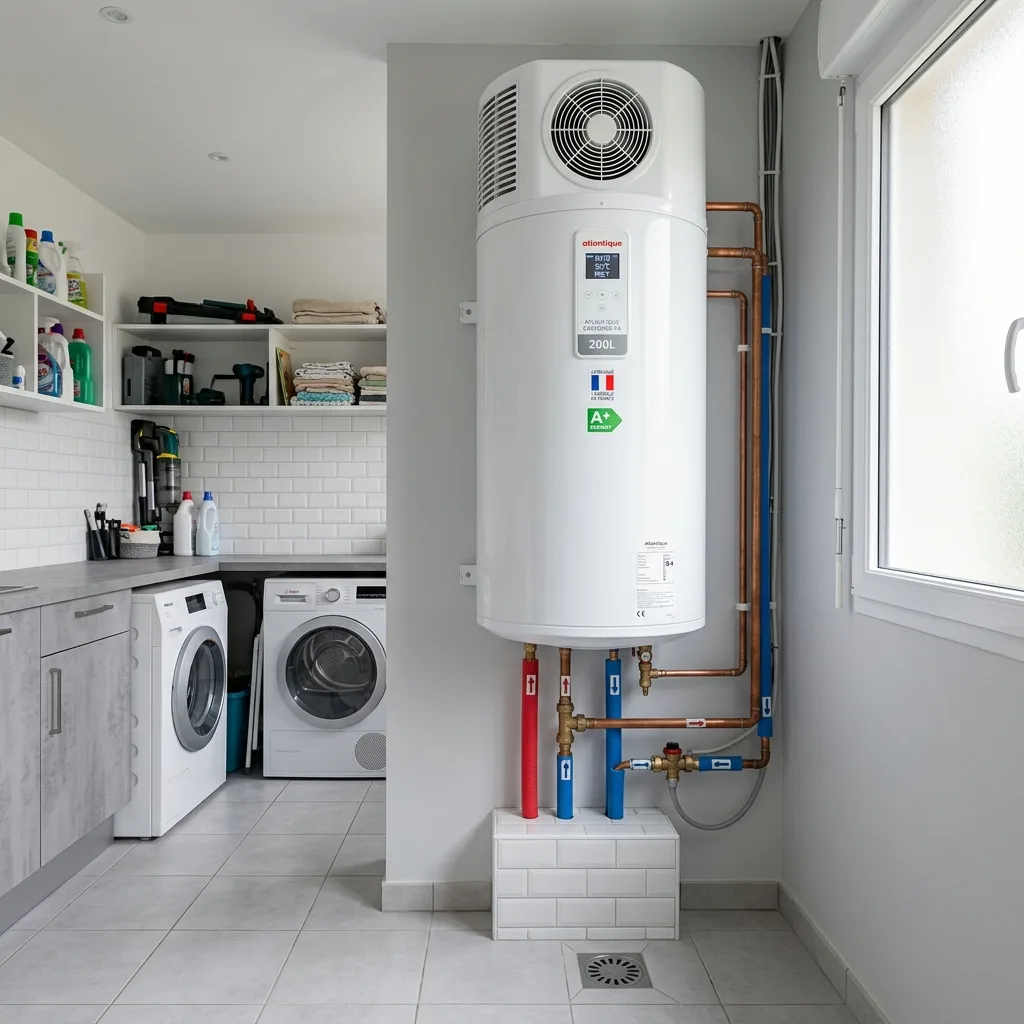 Chauffe-eau thermodynamique moderne installé dans un cellier — installation plombier Morbihan