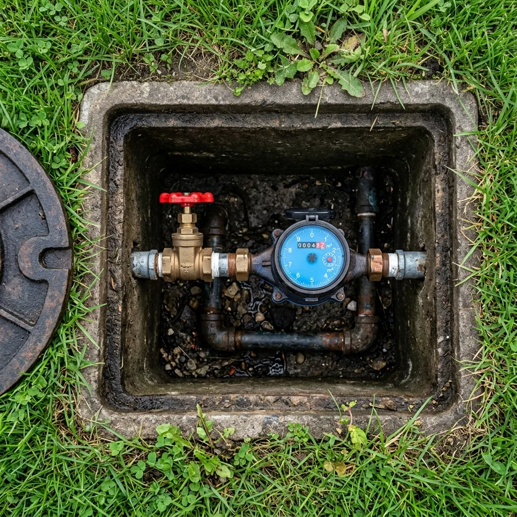 Compteur d'eau en fosse avec vanne d'arrêt — recherche de fuite enterrée plombier Lorient Morbihan
