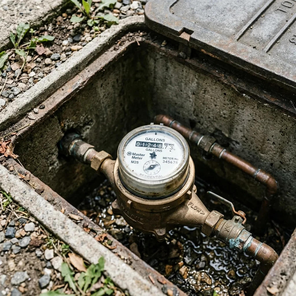 Compteur d'eau dans une fosse extérieure avec cadran en rotation indiquant une fuite cachée — plombier Morbihan