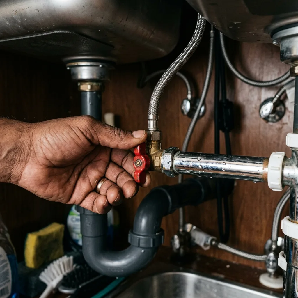 Main tournant une vanne d'arrêt quart de tour sous un évier pour couper l'eau en urgence
