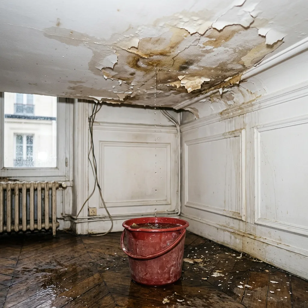 Dégât des eaux avec fuite au plafond et seau récupérant l'eau — sinistre dans un appartement