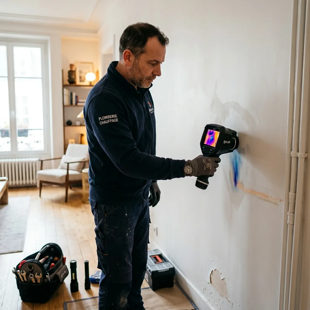 Plombier utilisant une caméra thermique pour détecter une fuite d'eau cachée dans un mur à Lorient