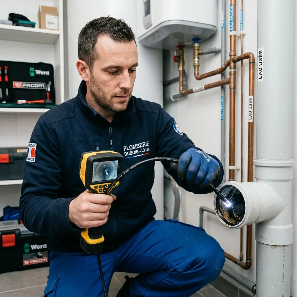 Endoscope et furet mécanique insérés dans une canalisation pour localiser et déboucher un engorgement profond