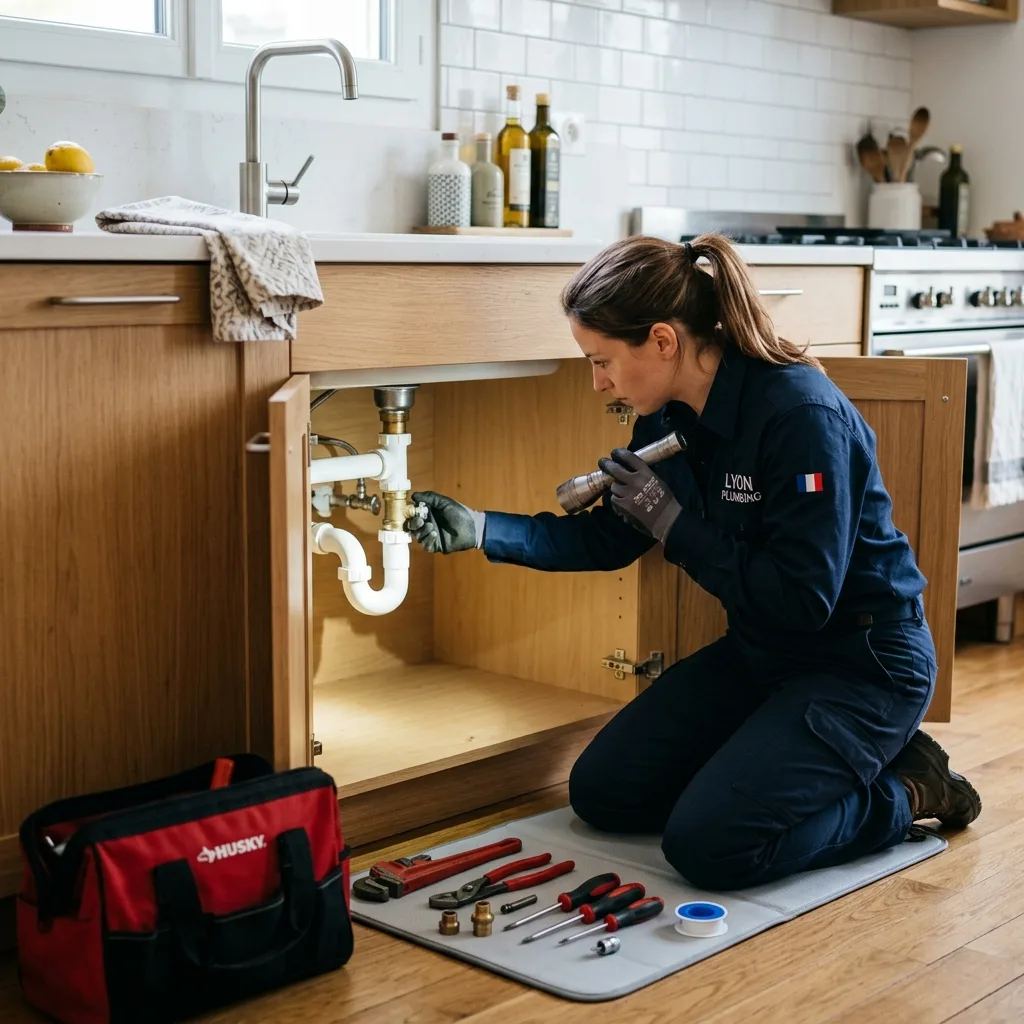 Plombier inspectant les raccords et vannes sous un évier lors d'un entretien annuel de plomberie