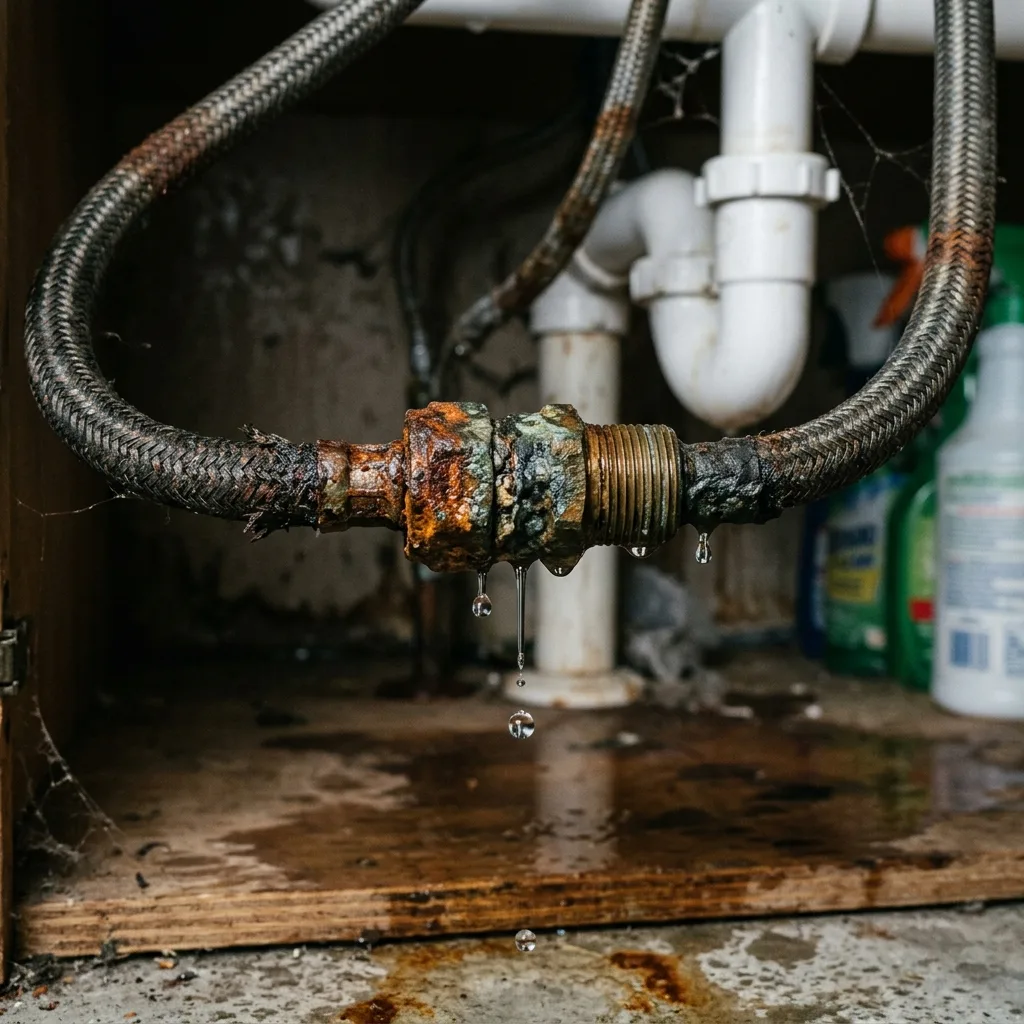 Flexibles d'alimentation corrodés sous un évier de cuisine causant une fuite d'eau — erreur de plomberie courante