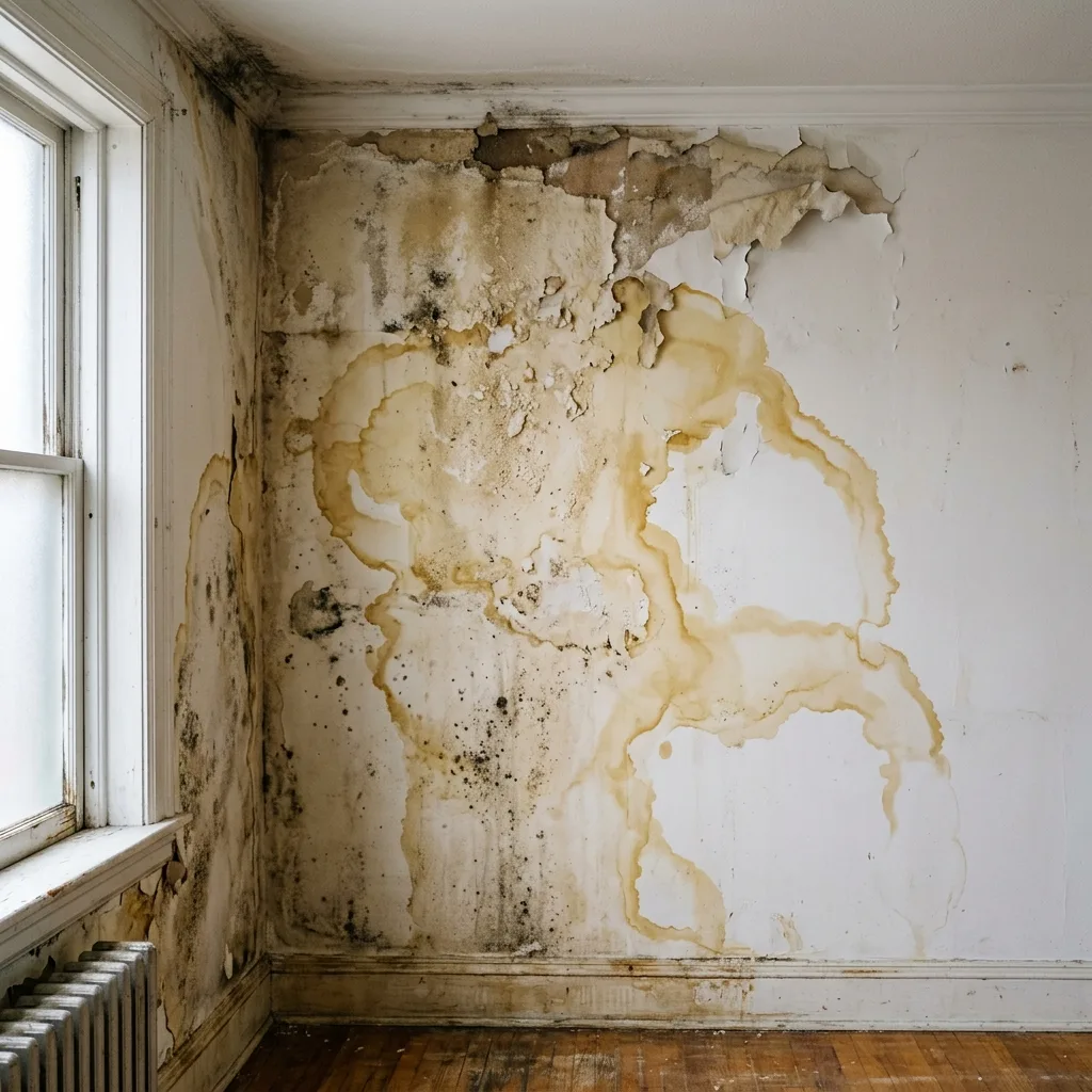 Traces d'humidité et auréoles sur un mur intérieur causées par une fuite d'eau cachée dans les canalisations