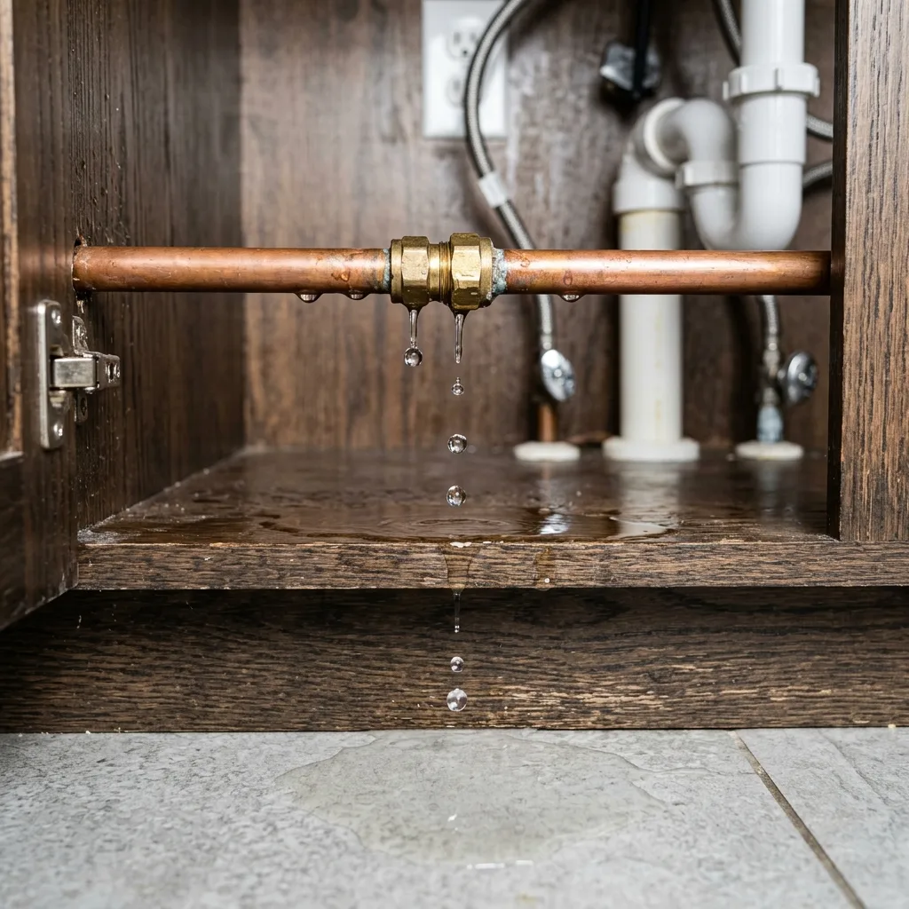 Fuite d'eau sous un évier nécessitant l'intervention urgente d'un plombier à Lorient