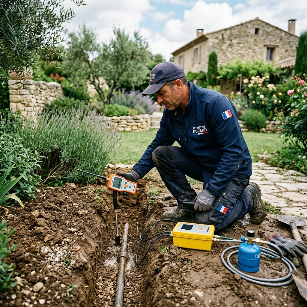 Plombier utilisant un détecteur de gaz traceur pour localiser une fuite d'eau souterraine dans un jardin à Lorient