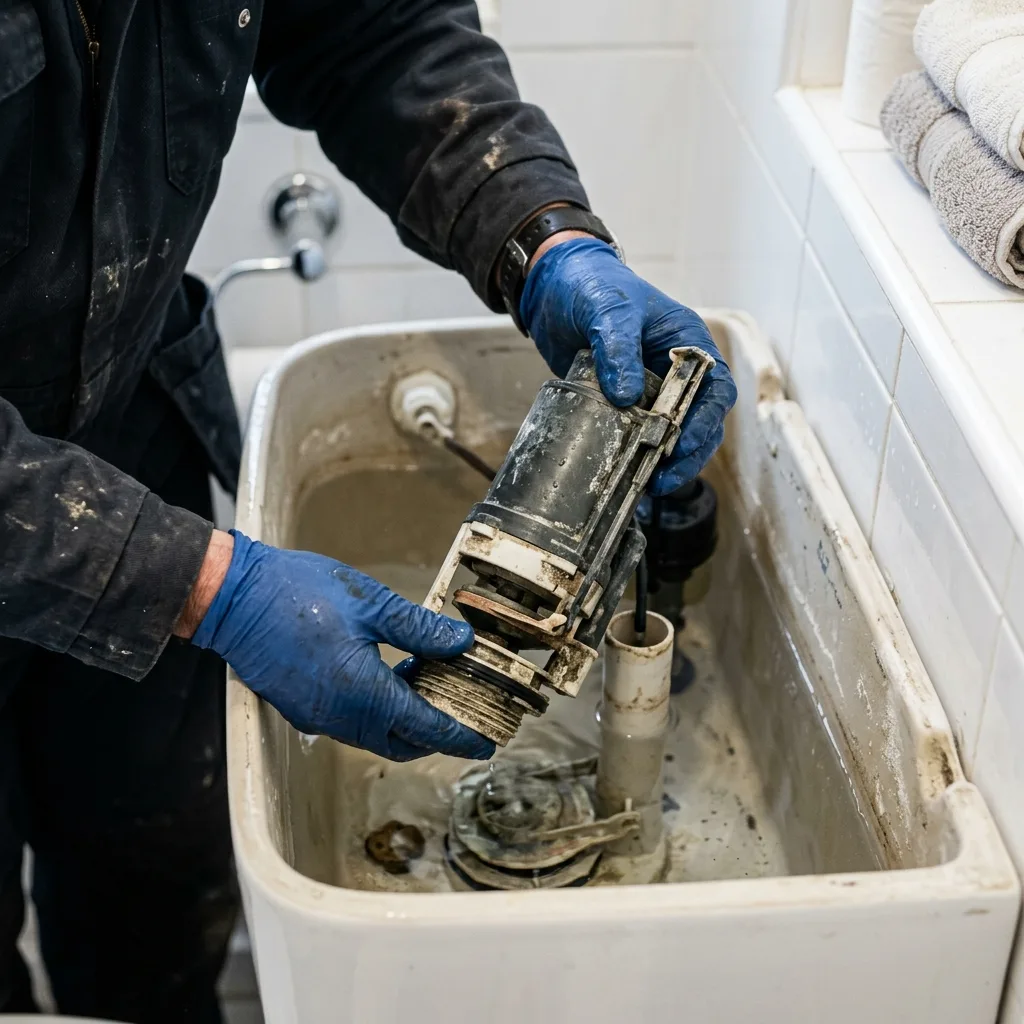 Remplacement d'un mécanisme de chasse d'eau dans un réservoir de WC — réparation plombier Lorient