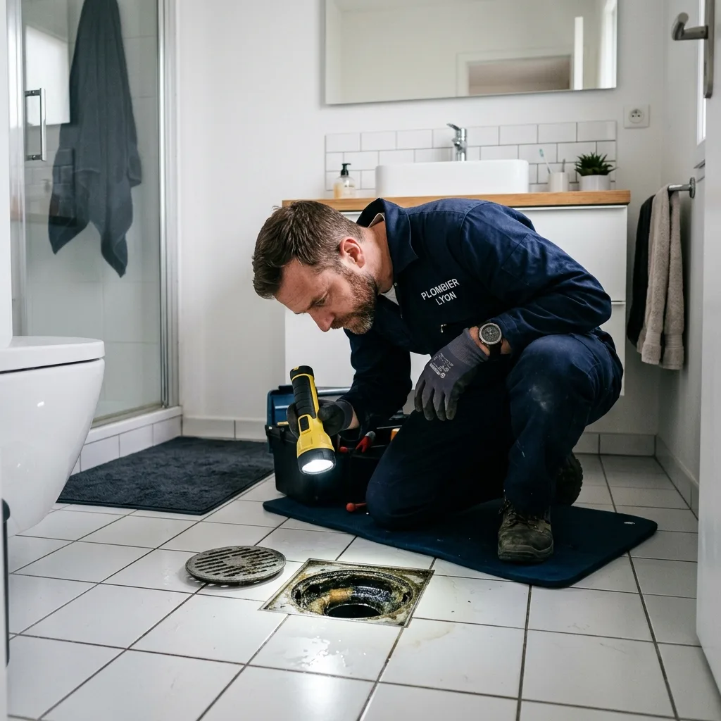 Plombier inspectant un siphon de sol dans une salle de bain pour résoudre un problème d'odeur d'égout