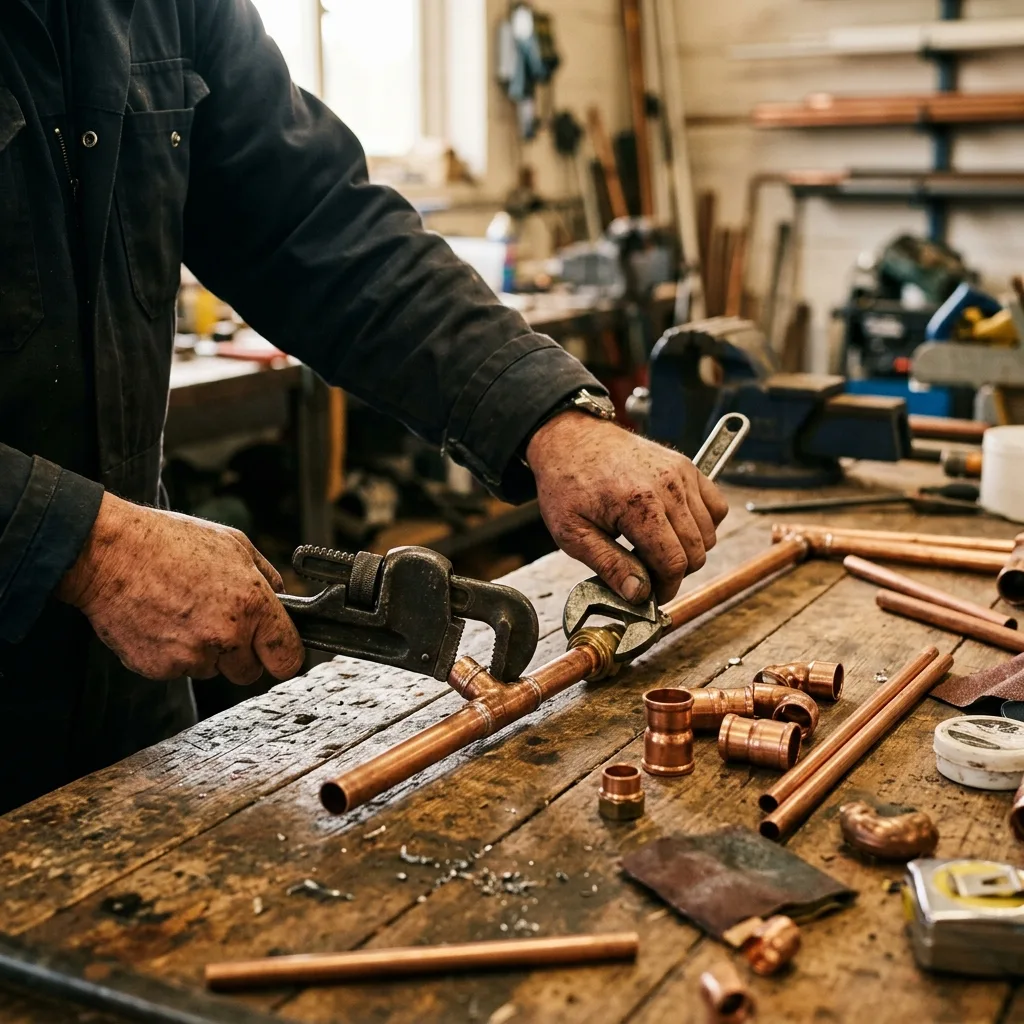 Outils de plombier professionnel posés sur un établi — clés, raccords et équipement de qualité