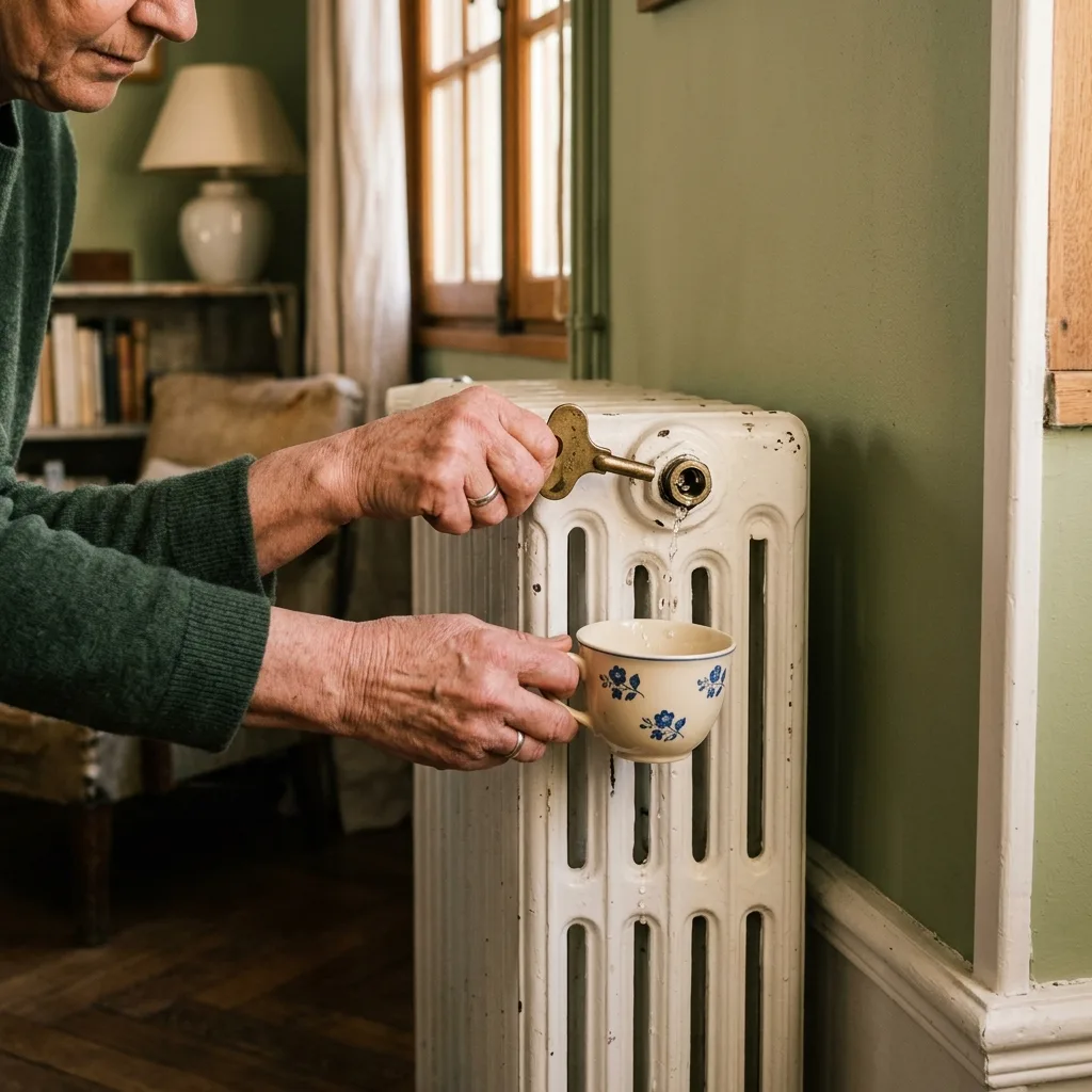 Purge d'un radiateur en fonte avec une clé de purge — entretien chauffage dans une maison en Morbihan
