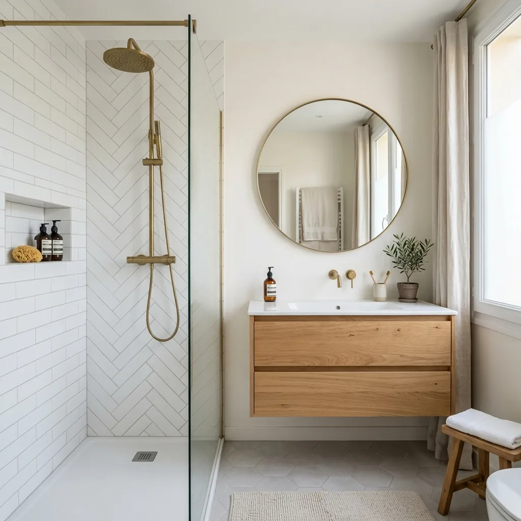 Salle de bain moderne rénovée avec douche à l'italienne, carrelage métro et meuble vasque en bois