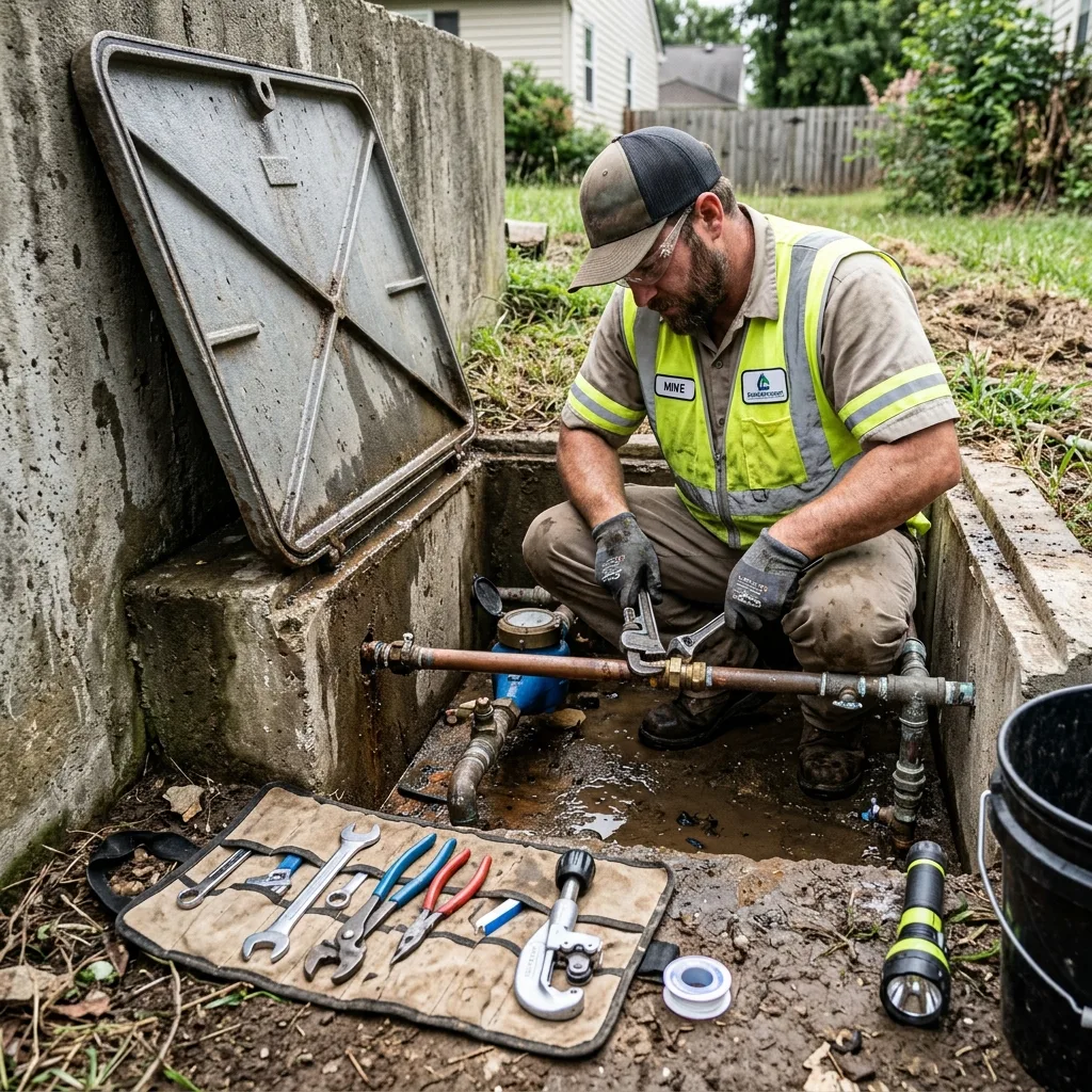 Plombier réparant une fuite sur un raccord dans une fosse compteur d'eau extérieure — Morbihan