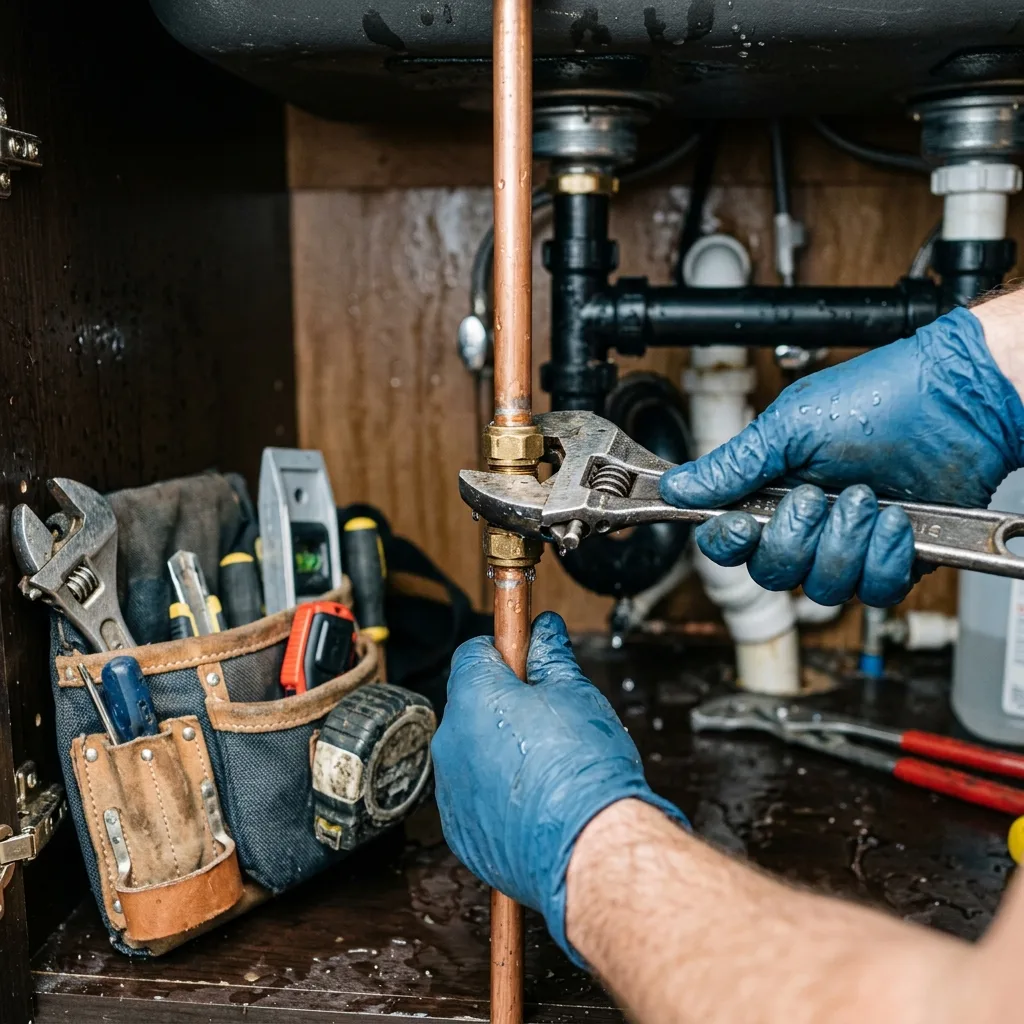 Réparation de fuite sur raccord en cuivre par un plombier professionnel à Lorient — serrage à la clé