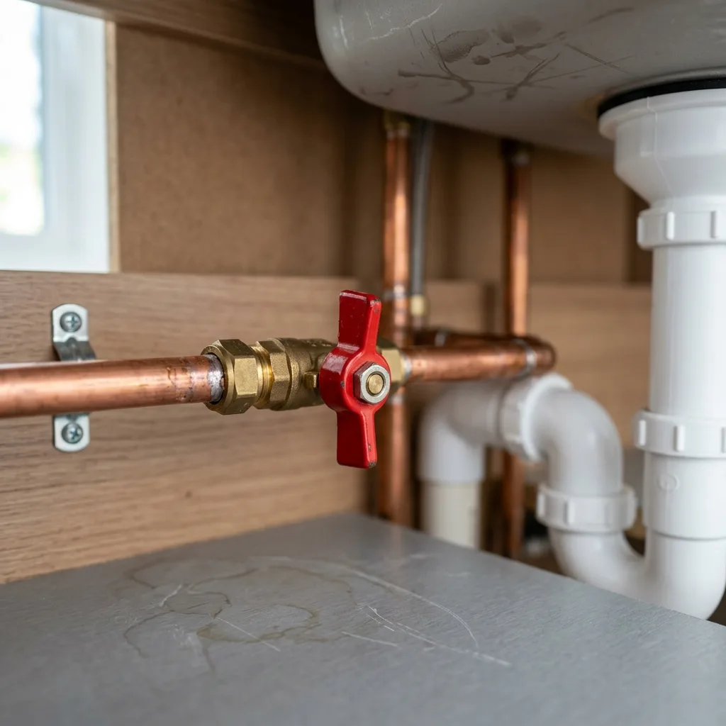 Robinet d'arrêt général quart de tour sur canalisation en cuivre — premier réflexe en cas de fuite d'eau à Lorient