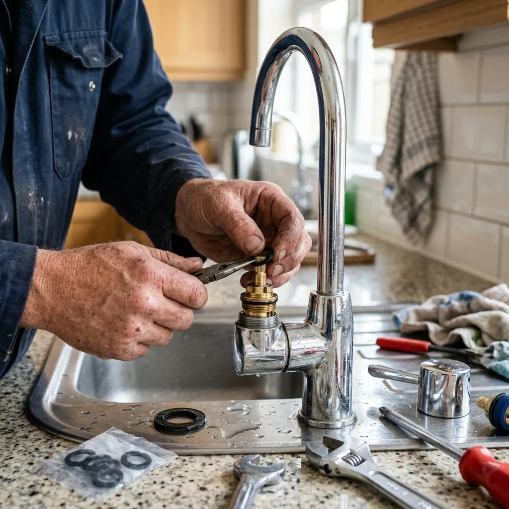 Mains d'un plombier remplaçant le joint d'un robinet mitigeur de cuisine — réparation robinetterie Lorient