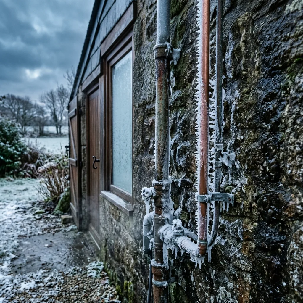 Tuyaux de plomberie extérieurs recouverts de givre et de glace en hiver en Bretagne — risque de gel